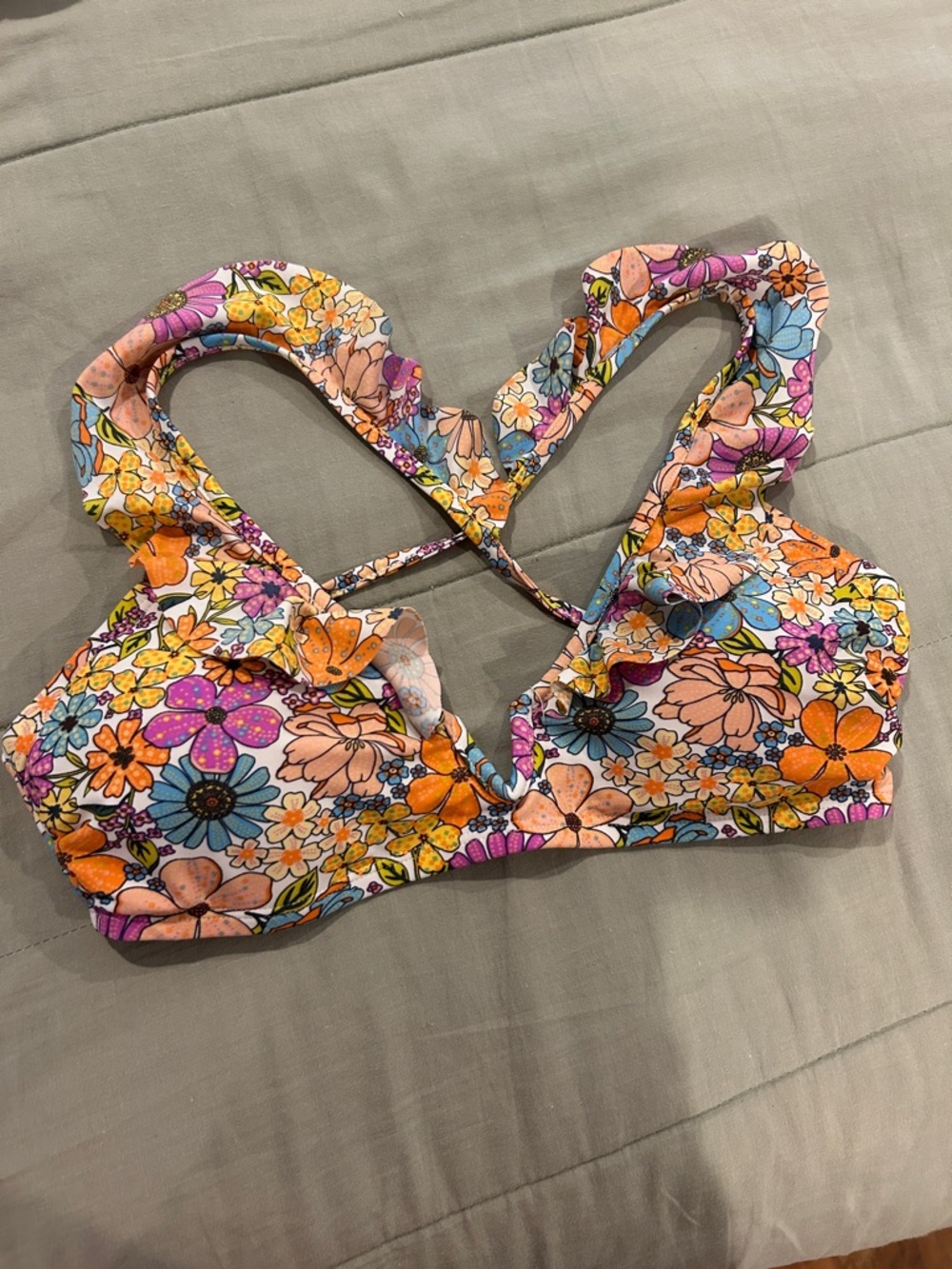 Time and Tru Floral Ruffle Bikini Top in Orange, Pink & Blue